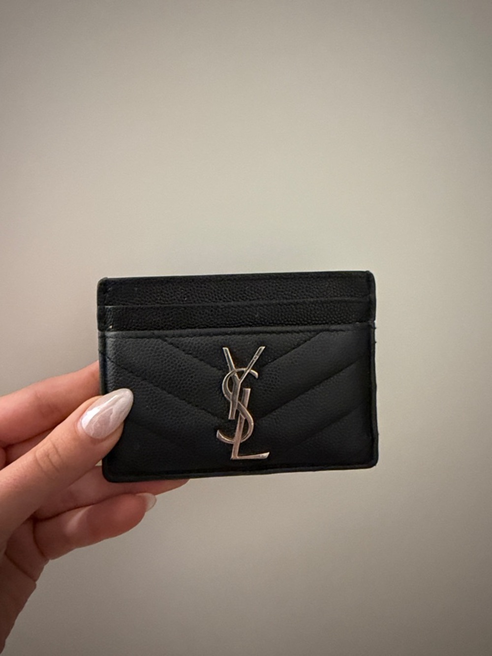Yves Saint Laurent Black Quilted Card Case with Silver YSL Logo